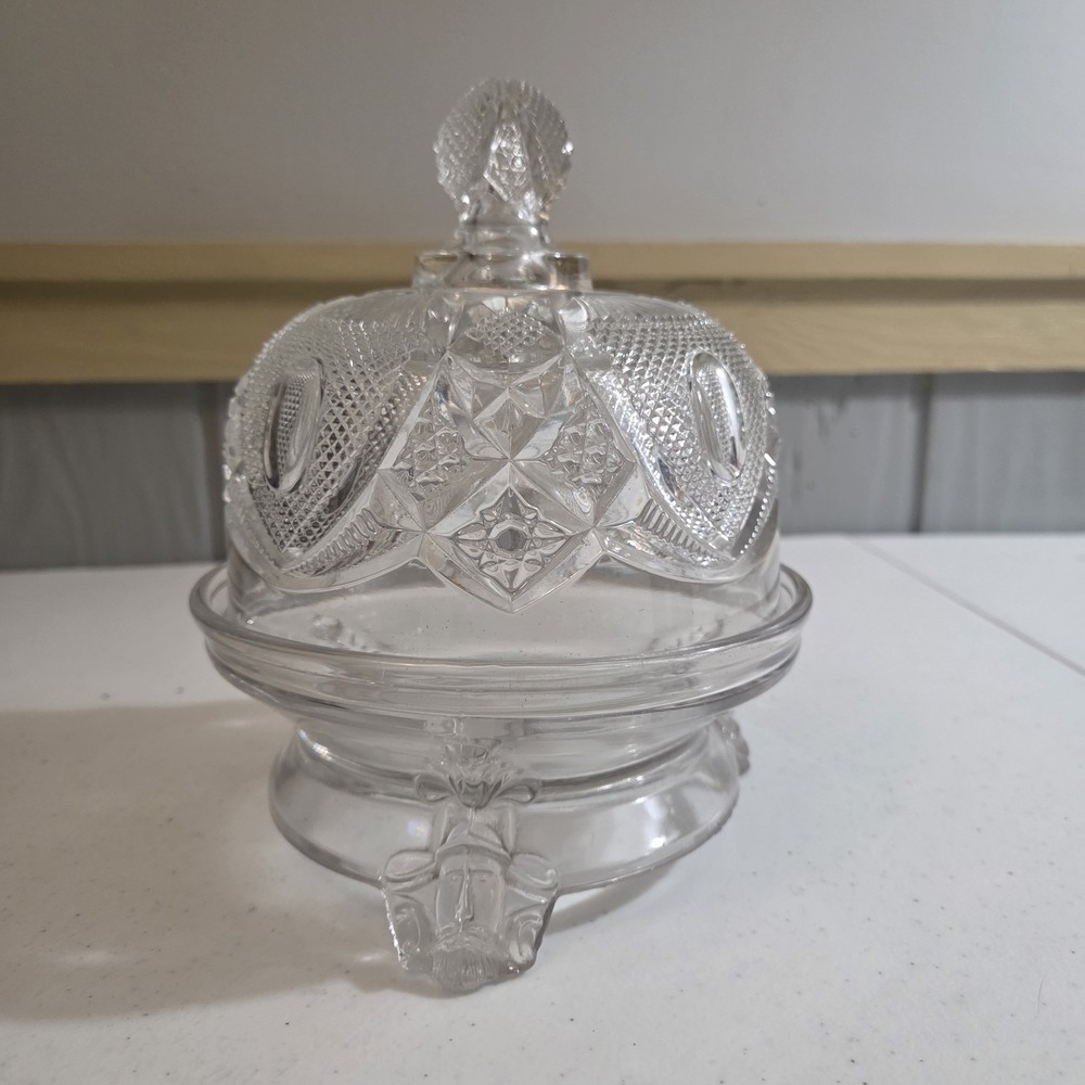 Vintage Clear Glass Hobbs Viking Bearded Man Covered Butter Dish Centennial 1876